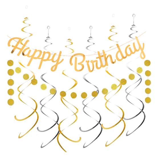 Золотой блестящий баннер с днем ​​рождения, набор для украшения баннера с круговой точкой, блестящий картонный флаг на день рождения, висячие завитки, гирлянда, праздничные атрибуты