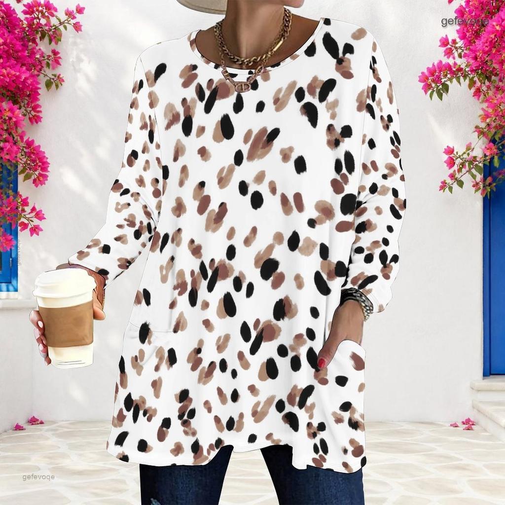 Women Plus Size Round Neck Long Sleeve Multicolor Stripe Printed Loose Longline Tunic Top With Pockets
