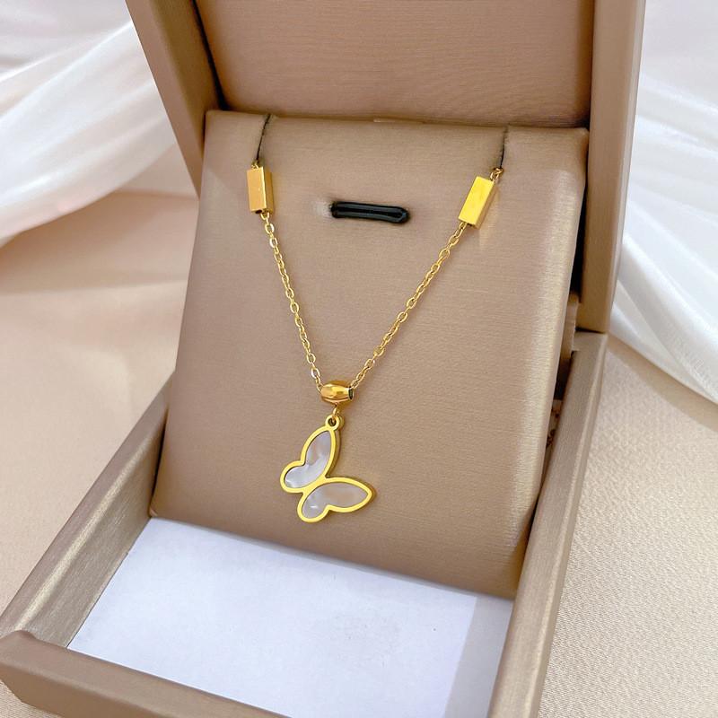 Light Luxury Butterfly Heart Zircon Pendant Necklace Stainless Steel Trendy Geometric Choker Jewelry Party Gifts For Women Girls