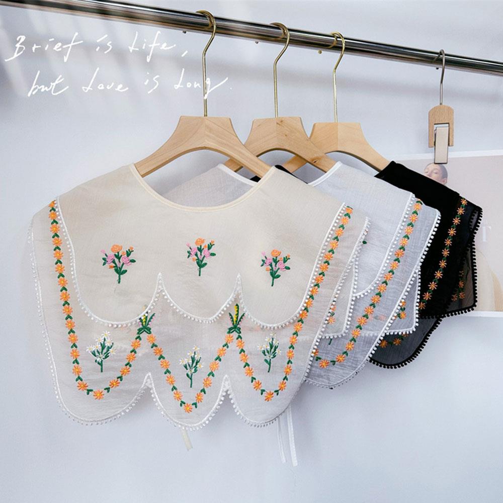 Royal Style Embroidered Collar Lace Up Neckline Fake Collar Shawl Wrap Hollow Out Floral Lace Ruffled Trim Necklace Lapel Blouse