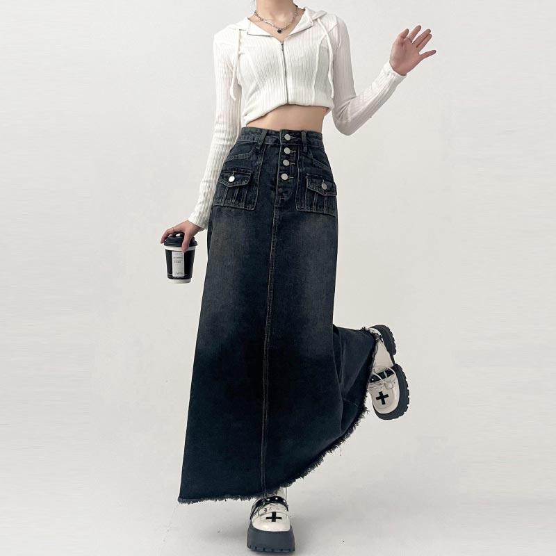 High-waisted Cargo Denim Skirt Women's Autumn A-line Mid-length Skirt Retro Raw Edge Fashion Y2k Female Clothing Korean Style