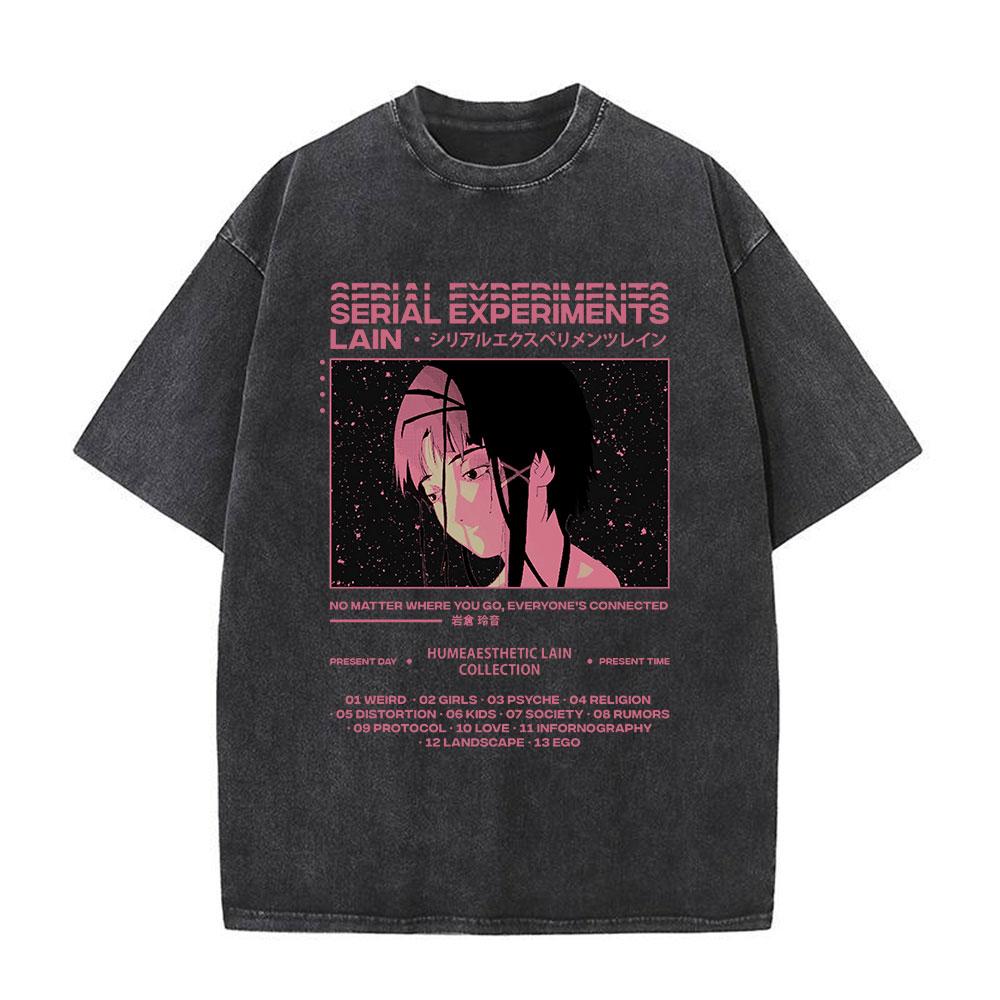 Serial Experiments Lain Anime Vintage Washed T-Shirt Manga Iwakura Girl Sci Fi Short Sleeve T-shirts 100% Cotton Casual T Shirt