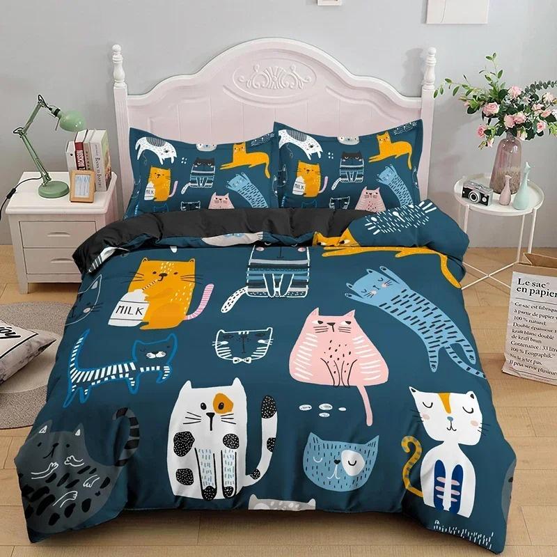 Cartoon Cat Duvet Cover Set Cartoon Animal Print Bedding Set With Pillowcase 2/3pcs Comforter Cover For Bedroom Decor