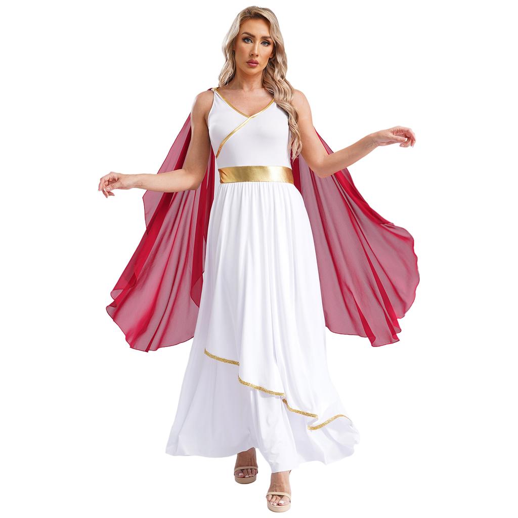 Women's Ancient Greek Roman Queen Costume Halloween Cosplay Gold Trims Toga Dress