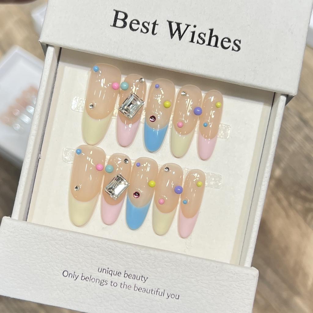 Fresh Little Wear Armor Handmade Nude Color Rainbow Candy Manicure French Flash Diamond Removable Nail Piece