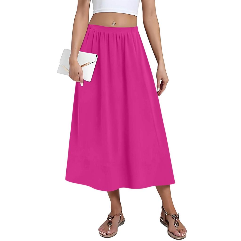 Women's Casual Fashion Solid Colour Big Hem Skirt Elasticated Loose Pockets Pleated Half-body Skirt (With Side Pockets)