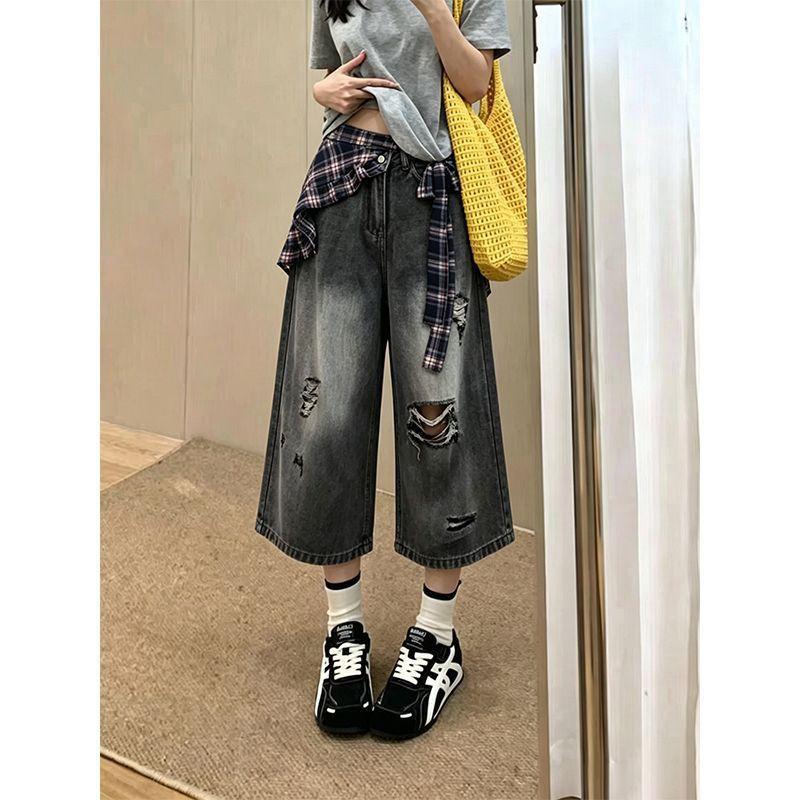 Womens Ripped Plaid Panel 7/8 Jeans Streetwear Loose Wide Leg Pants