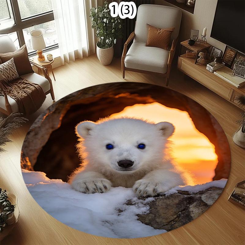 2D Cute Polar Bear Round Carpet Realistic Hole Abyss Floor Mat Creative Decorative Area Rug for Living Room Bedroom Home Decor