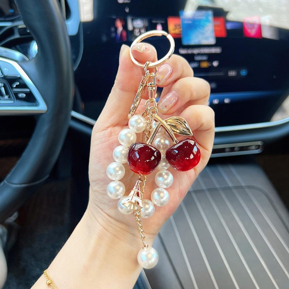 Alloy Bag Charm for Women Pendant Car Key Ring Cute Pearl Cherry Keychain Ladies Wallets