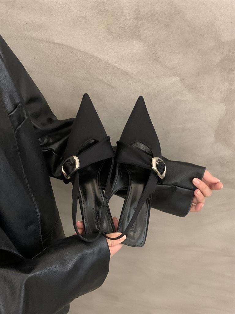 Black Bag Head Sandals Thin Heels Women's Shoes New Temperament Socialite Pointed Head Shallow Mouth High Heel Empty Shoes