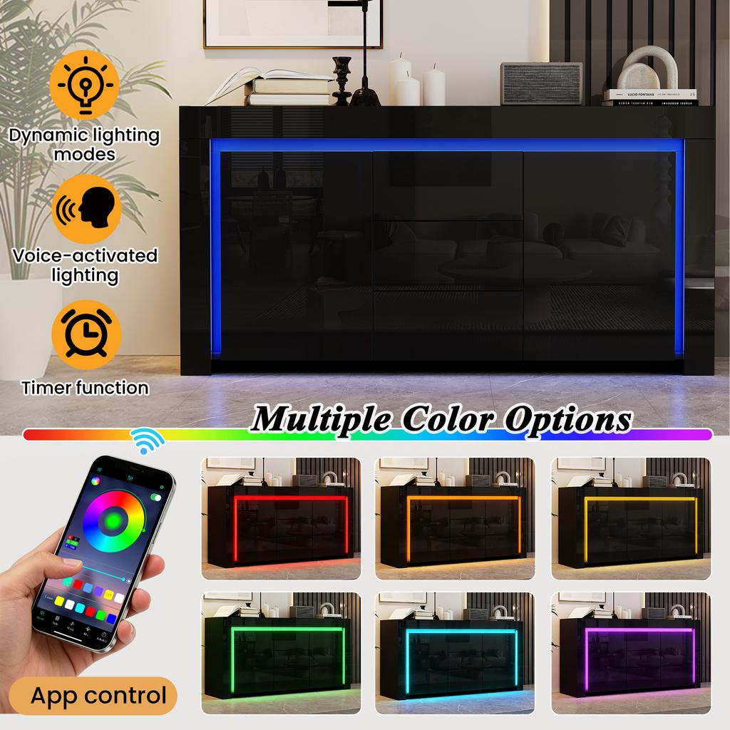 140*40*65cm Living Room Cabinet, Dresser with 3 Drawers, 2 Doors, High-Gloss Side Cabinet with LED Light Strip, Sideboard with Storage Space, Black