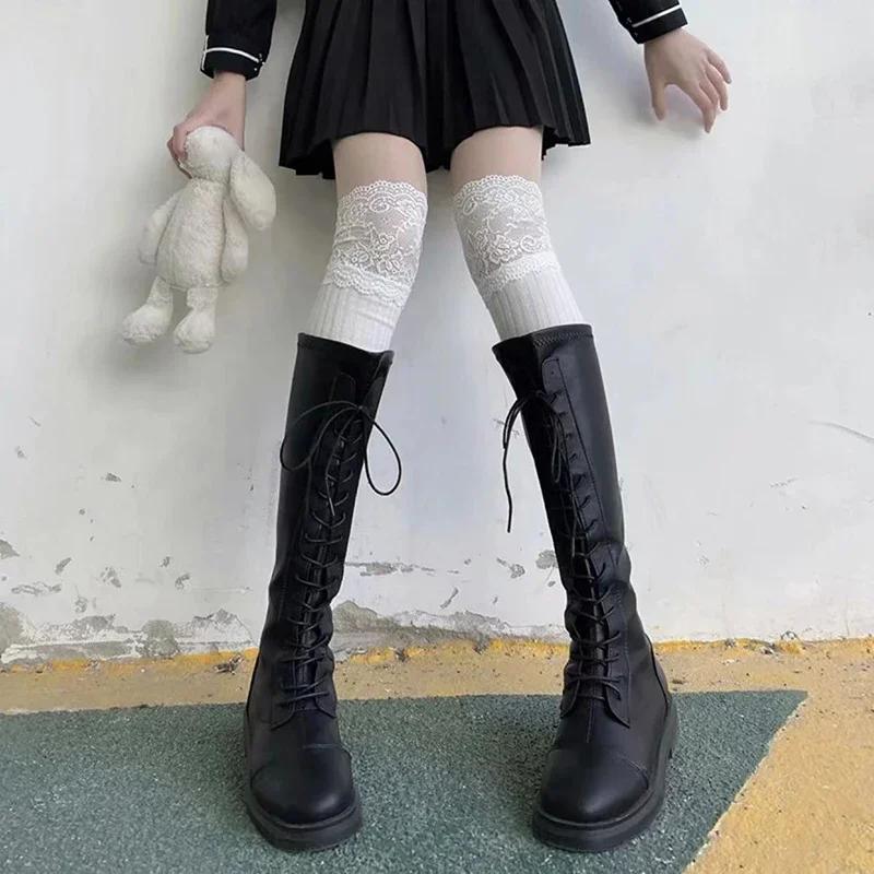 Однотонные сексуальные кружевные высокие чулки для женщин и девочек, чулки выше колена, теплые носки в стиле Лолиты для женщин и девочек