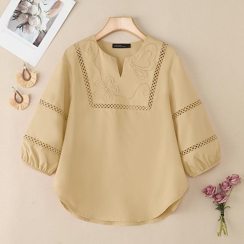 ZANZEA Женская повседневная блузка свободного кроя с V-образным вырезом и рукавом 3/4