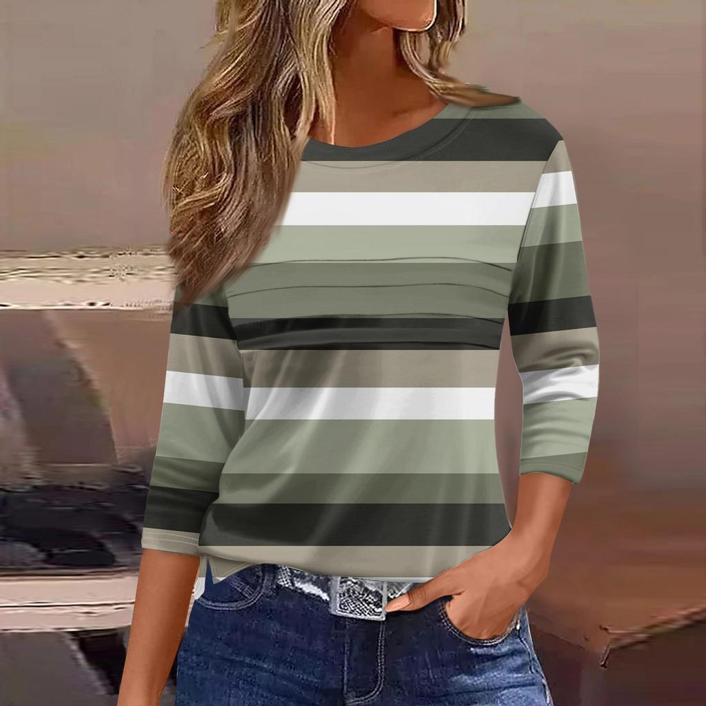 Женская мода повседневный свободный топ с рукавом 3/4 в полоску с круглым вырезом