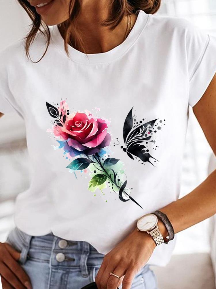 (Азиатский размер) Одежда Футболка Модная Футболка бабочка тренд милый Принт Леди Женская Повседневный Топ Короткий Рукав Женские Графические Футболки