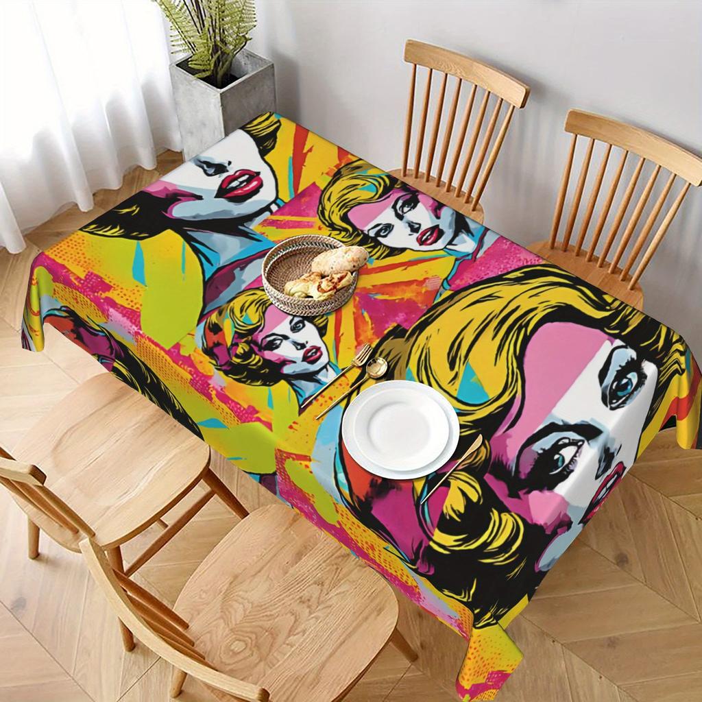 1pc Tablecovers Pop Art Cartoon Women'S Rectangular Farmhouse Tablecloth, Indoor Outdoor, Casual, Party, Lunch, Dinner Decor