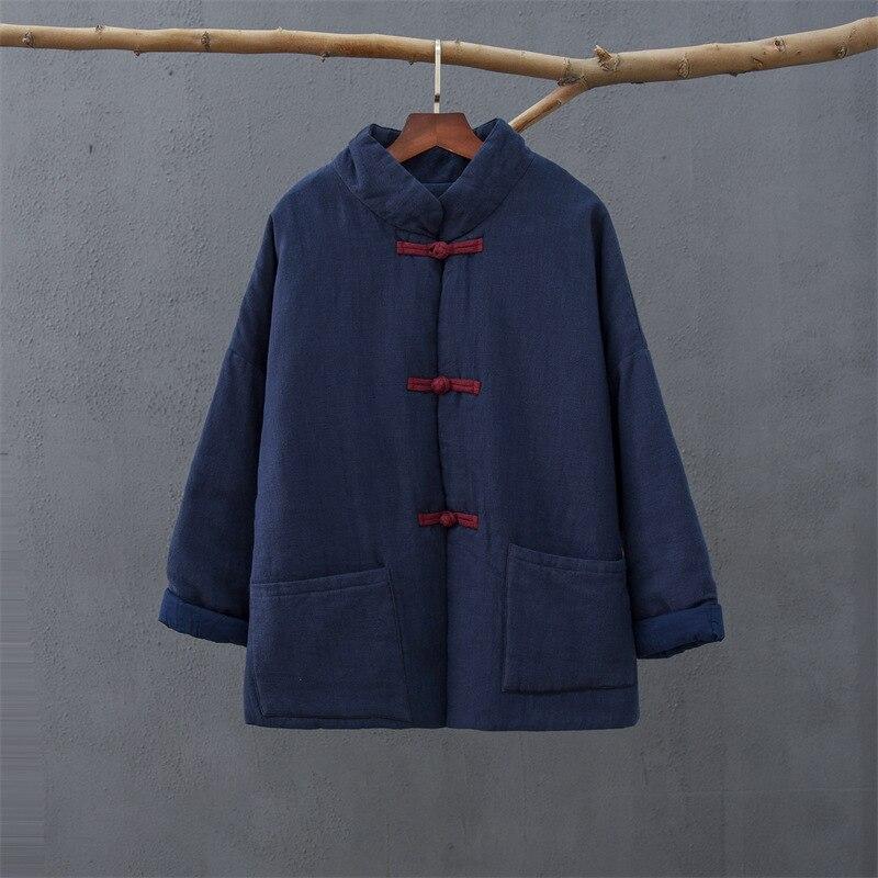 Johnature Women Solid Color Ramie Stand Cotton Clothing Button Pocket Long Sleeve Coats Winter Chinese Style Coat