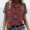 New Women T-shirt Ethnic Pattern Print Oversized Women's Trending Clothing Fashion Short Sleeve Shirt Women V-Neck Blouse 2024