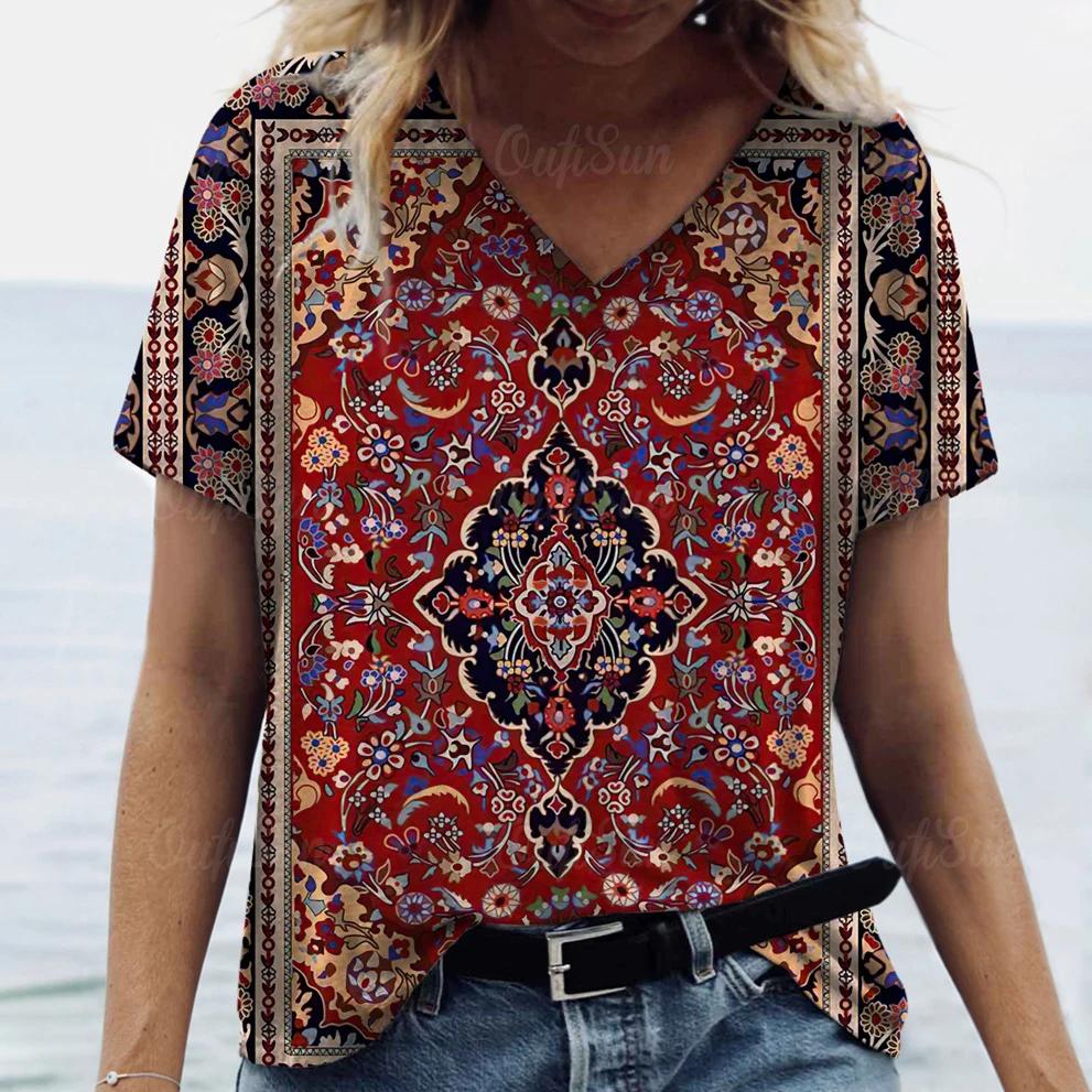New Women T-shirt Ethnic Pattern Print Oversized Women's Trending Clothing Fashion Short Sleeve Shirt Women V-Neck Blouse 2024