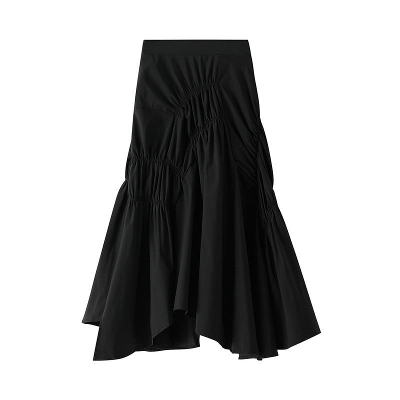 Qooth Women Ins Solid Color Pleated Asymmetrical A-line Skirt Casual High Waist Mid-length Long Skirt For Spring Summer QT2044