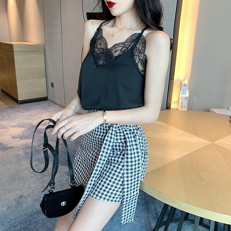 White Suspender Female Lace Vest Summer Suit with V-neck Large Top Lace Bottom Loose Solid Casual Top