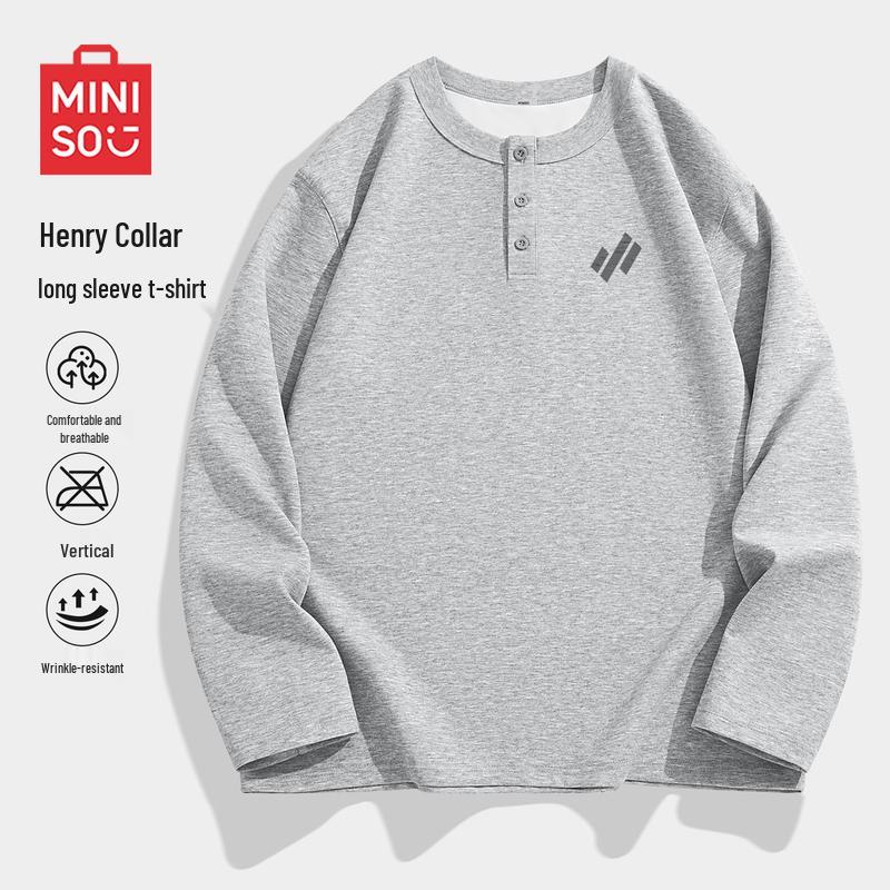 MINISO Мужская американская ретро футболка с длинным рукавом Хенли