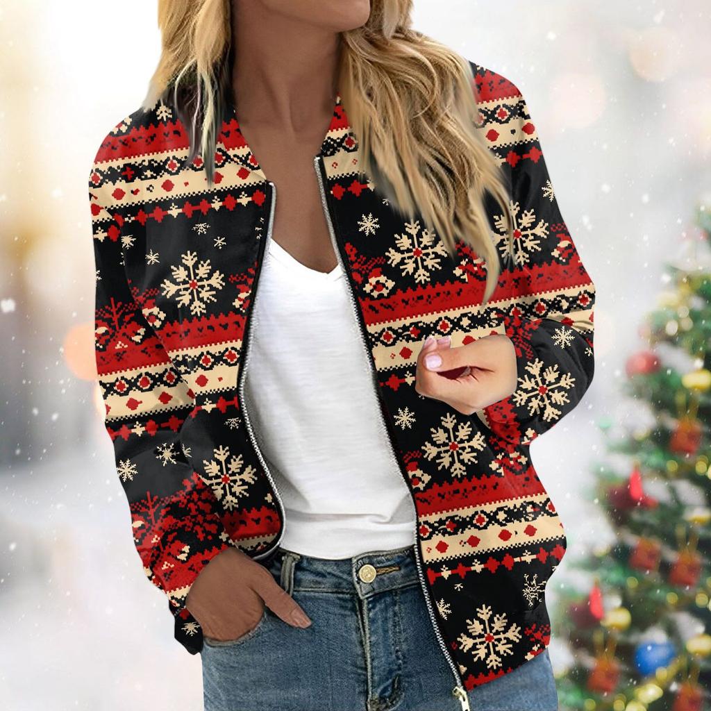 Женская легкая короткая куртка с длинными рукавами на молнии с принтом, повседневная стеганая куртка с карманами, рождественская