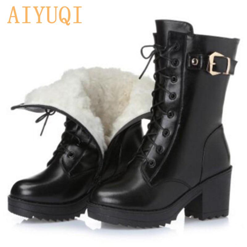 High-heeled Genuine Leather Women Winter Boots Thick Wool Warm Women Marton Boots High-quality