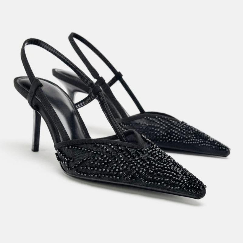 Дышащие Сетчатые Шнурки Бусины Slingback Черные Каблуки Женские Сексуальные Заостренный Носок Задний Ремешок Шпильки Сандалии Роскошные Вечерние Дизайнерские Обувь
