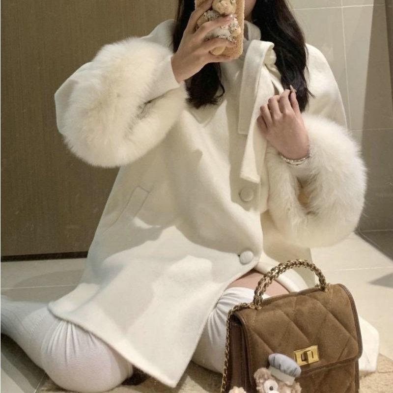Autumn and Winter Woolen Coat Women's High-end Bow Furry Sleeves Loose Thickened Sweet Mid-length Coat