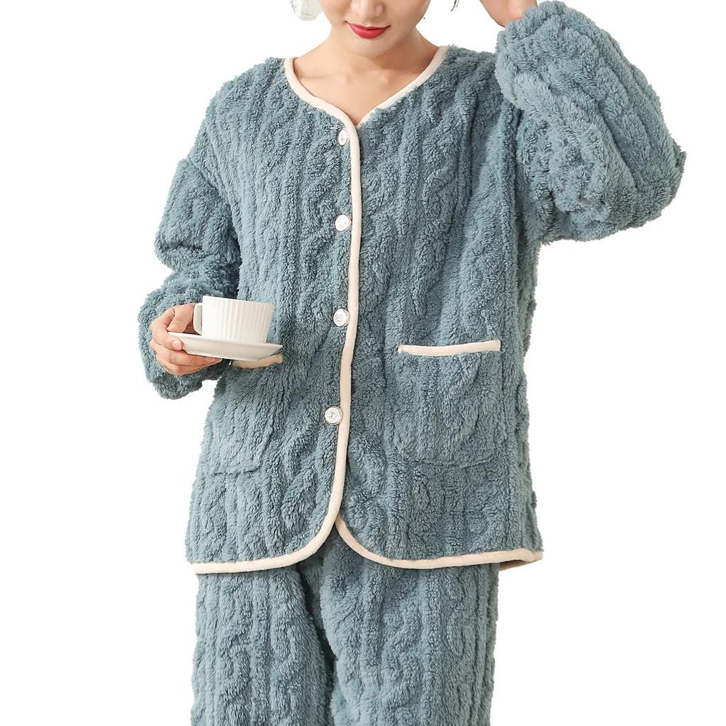 DAYCLOSET Long Sleeve Fluffy Boa Top and Bottom Cable Winter Wear Dusty Women's Loungewear, Set, Knit, (Size M, Blue)