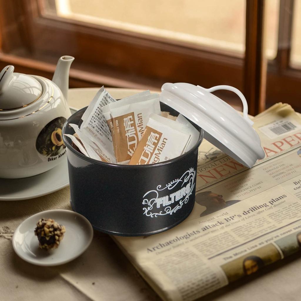 SOTECH Coffee Filter Holder Storage Rustic Style Black Coffee Filter Holder Round Coffee Filter Dispenser for Counter or Room Decoration