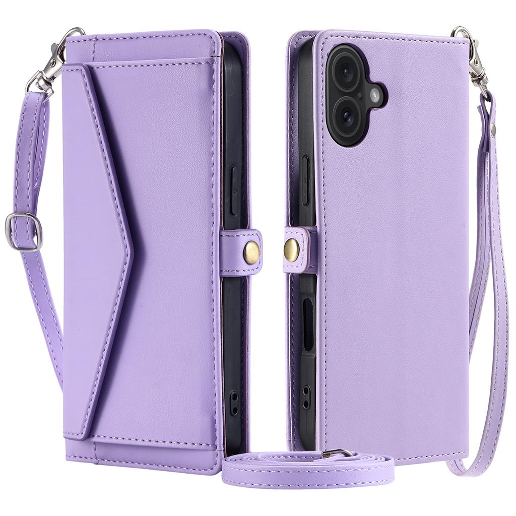 For iPhone 16 Leather Case Wallet Stand Phone Cover with Straps - Purple
