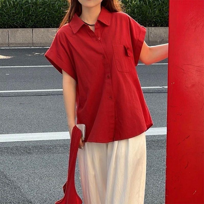 Solid Color Women's Shirt Korean Version Turndown Collar Button Ladies Small Fly Sleeve Blouse Summer Fashion Versatile Famale Loose Top