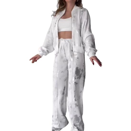 2 шт./компл. женский костюм с воротником-стойкой на молнии с длинными рукавами эластичные манжеты с блестками пальто с эластичной резинкой на талии толстые широкие брюки осенне-зимний спортивный костюм