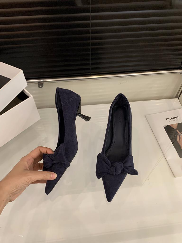 Niche French Black High Heels Women's Shoes 2025 New Spring and Autumn Temperament Suede Bow Pointed Single Shoes