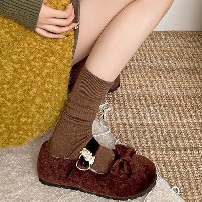 Туфли Xiaoxiangfeng на плоской подошве для женщин, новые осенне-зимние туфли 2025 года из бархата, универсальные туфли Мэри Джейн из хлопка с мягкой подошвой и бантом