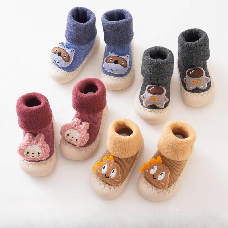 Newborn Baby Toddler Shoes Spring and Autumn Moving Season Cartoon Fleece Thickened Indoor Non-slip Soft Sole Indoor Floor Shoes