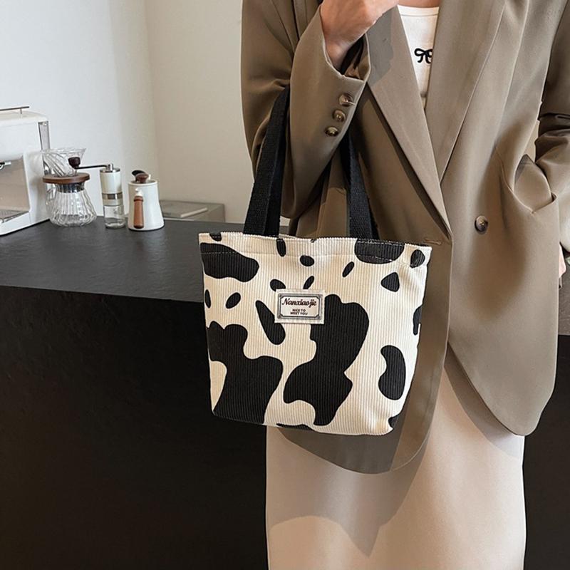 Модная вельветовая сумка-тоут с принтом коровы большой вместимости для женщин, многоразовая милая сумка через плечо для поездок на работу с молнией, складная сумка для покупок AVE