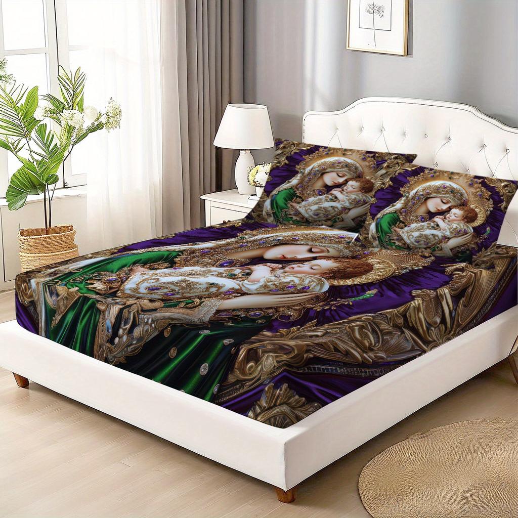 Latacaca 3pcs Merry Christmas Green Purple Ornate Winter Fitted Sheet Set 1 Fitted Sheet and 2 Pillowcases Bedding Set