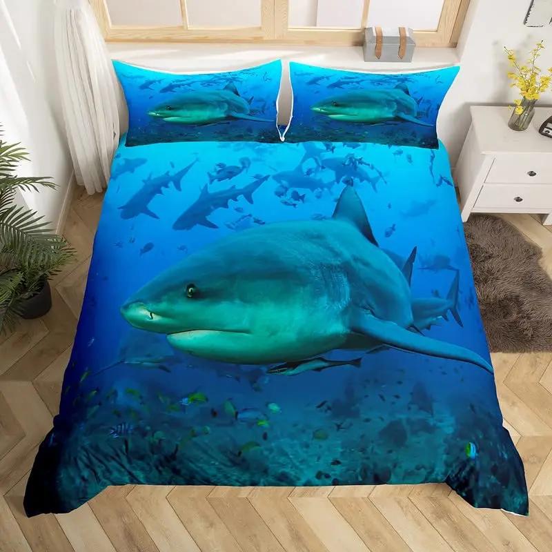 2/3pcs Fish Duvet Cover Set Ocean Bedding Sets 3D Printed Underwater World With Shark Dolphin Coral Reef Pattern Quilt Cover Set