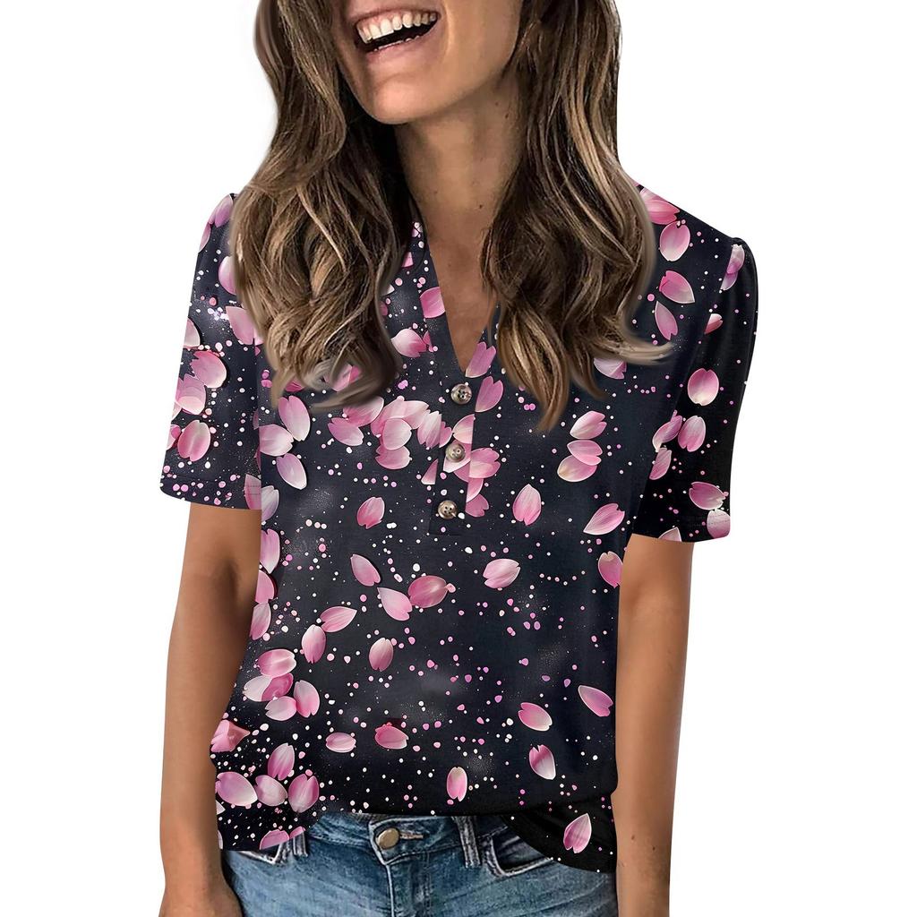 Women's Fashionable Casual Short Sleeve Button Print V-Neck Pullover Top