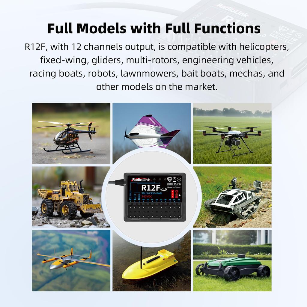 Radiolink R12F 12-Channel Receiver with 4km Long-Range Control and Voltage Telemetry for Drones, Airplanes, Jets, and Cars, Compatible with Radiolink