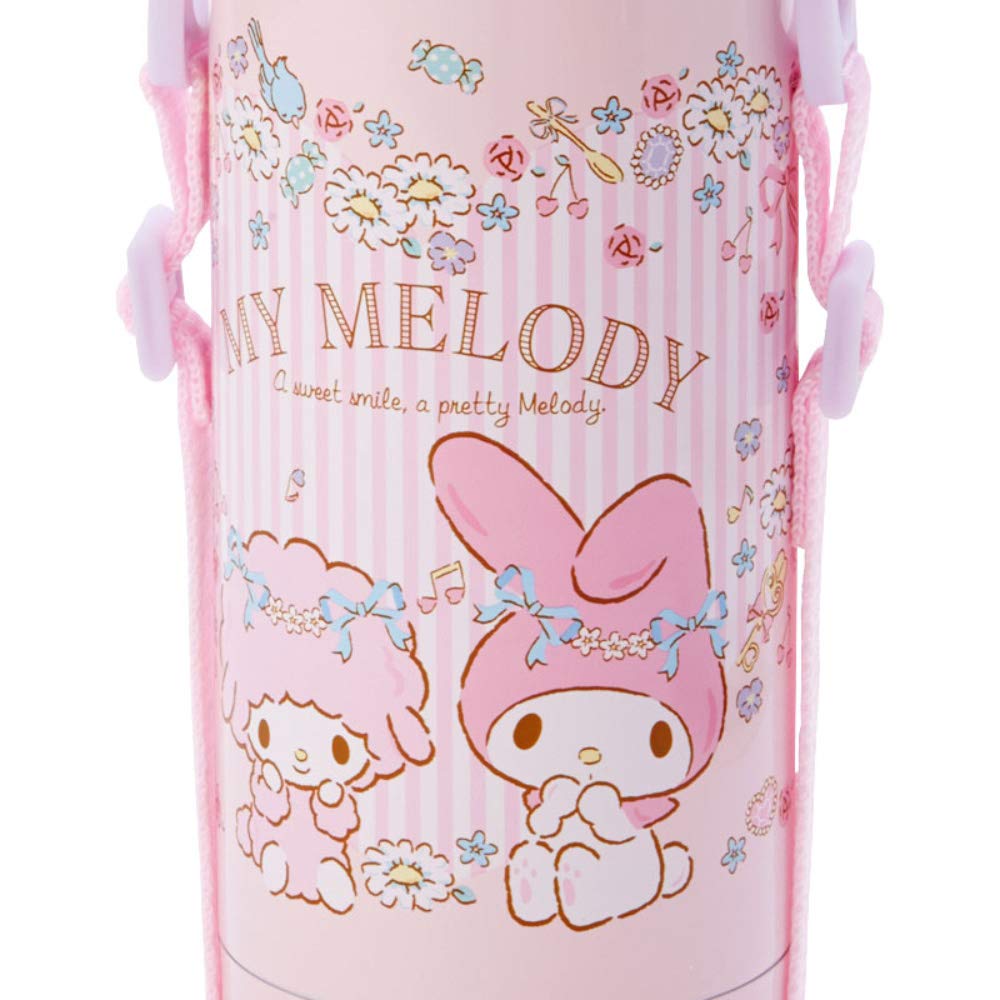 Sanrio Water Direct Cup Stainless Steel My Melody with Shoulder Character SANRIO Children's Bottle, 380ml, Drinking, One-Touch Included, 2-Way Bottle,