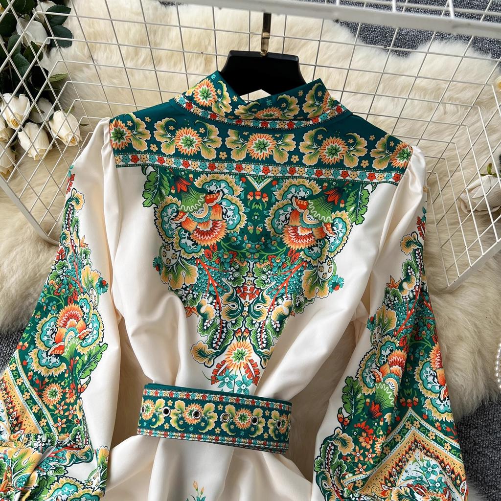New Vintage Autumn Green Flower Printed Shirt Collar Dress For Women Single Breasted Lantern Sleeve Belt Holiday Midi Robe