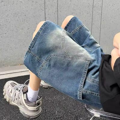 Мужские летние свободные джинсовые шорты прямого кроя Молодежные укороченные шорты Стиранные брюки средней длины