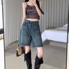HWomen Denim Shorts High Waist Vintage Washed Straight Wide Leg Pure Color Button Zipper Closure Streetwear Knee Length Jeans Short Pants