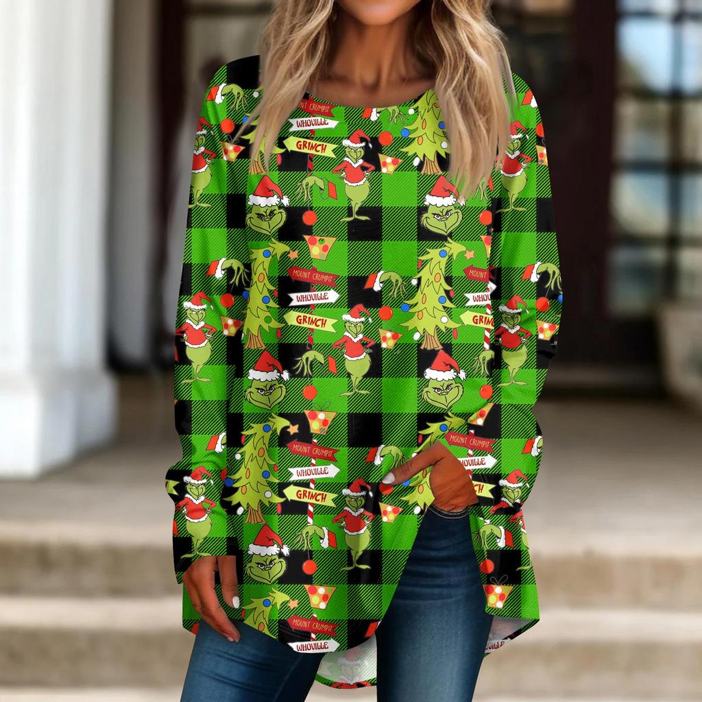 Женская рождественская принтовая рубашка с длинным рукавом, круглый вырез, пуловер, футболка, топ, пуловер