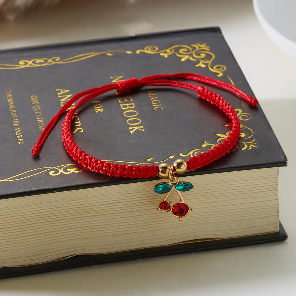 Fashion Simple Rhinestone Cherry Braided Bracelet for Women Delicate Colorful Charm Rope Bracelet Girls Party Jewelry Gift