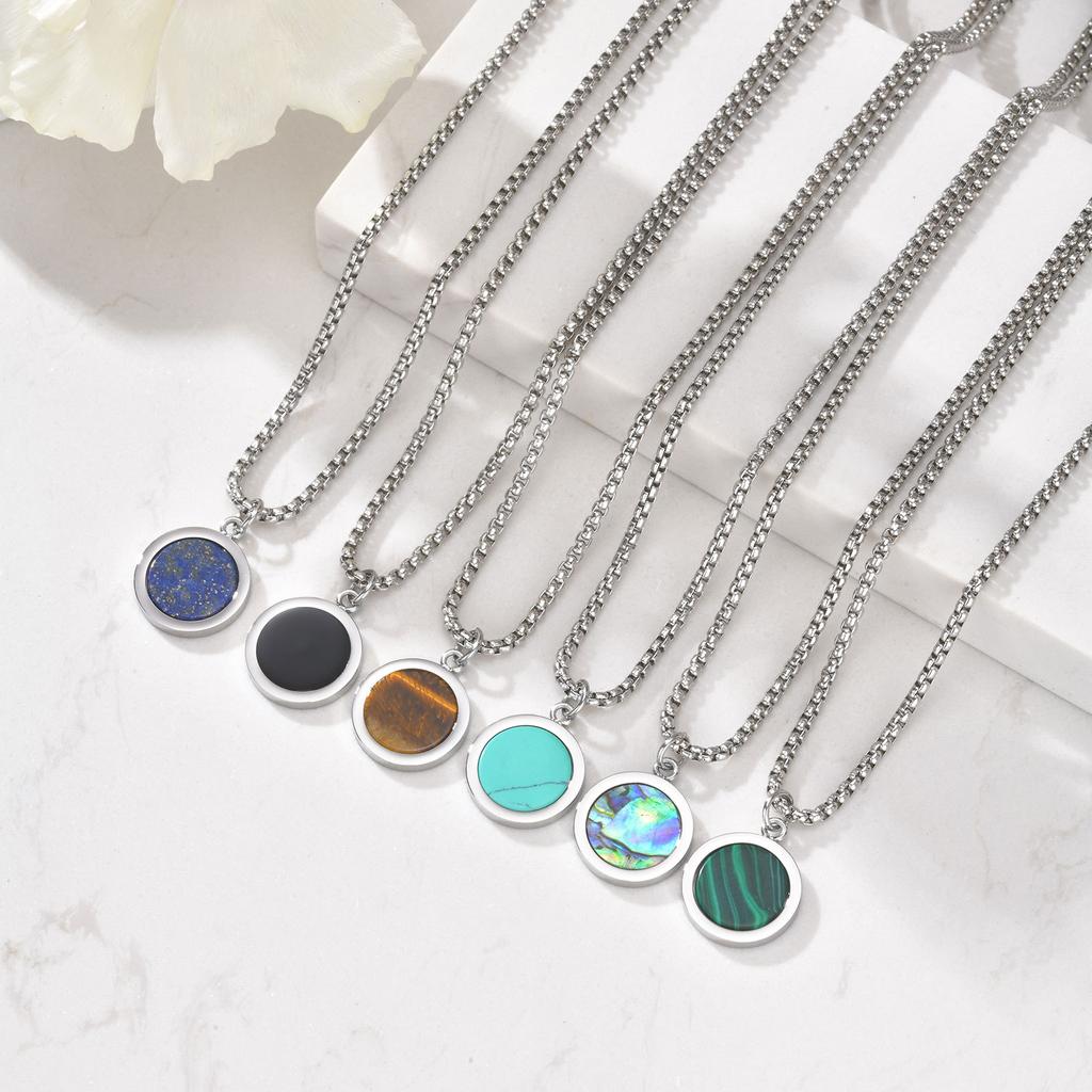 Stainless Steel Round, Oval Brand Natural Stone Abalone Shell Necklace Men'S Geometric Simple Pendant Nc-1061